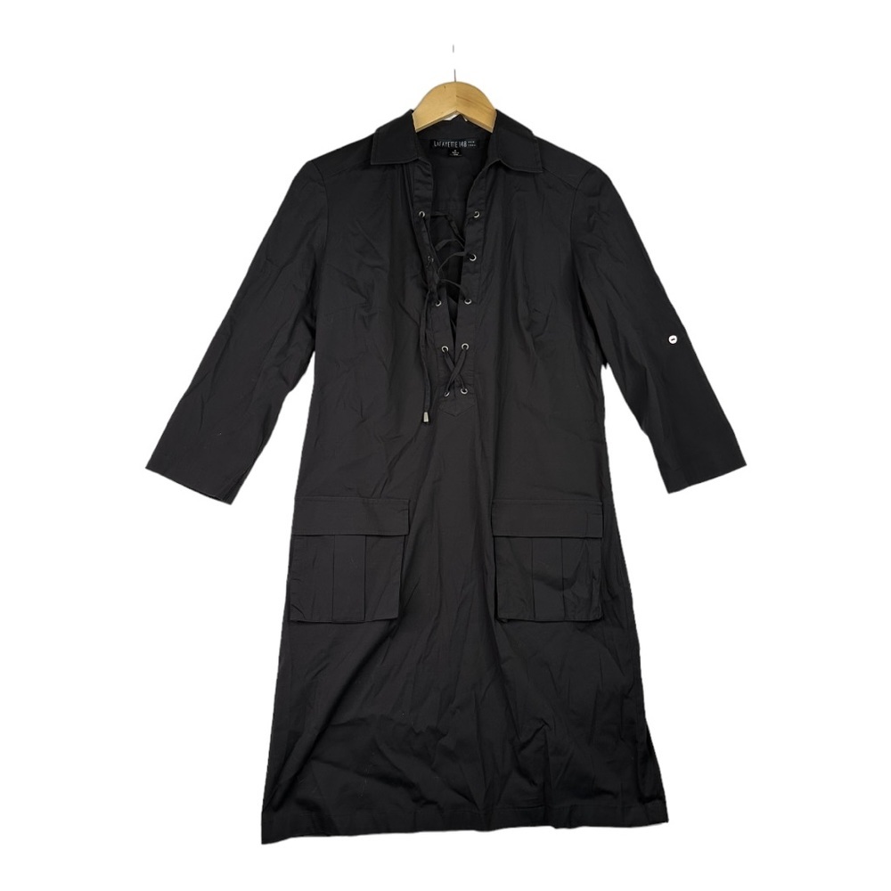 Lafayette 148 New York Black Brown Lace Up Shift‎ Shirt Dress 2